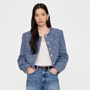 ANINE BING Amber Blue Tweed Button Blazer Short Blazer Jacket, size S